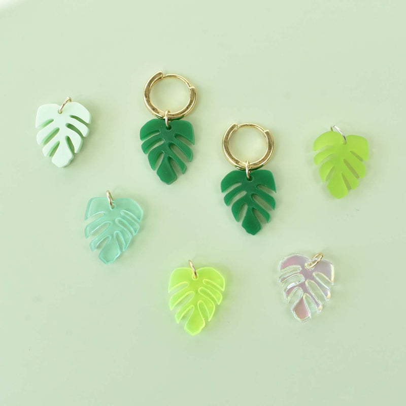 monstera leaf charm huggie - lightweight acrylic motif hoops